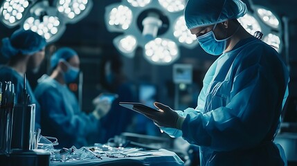 Modern operating room with a doctor using a tablet during surgery, high-contrast lighting and shallow depth create a focused, professional atmosphere.