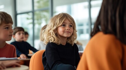 diverse group of children sitting in colorful classroom engaged in learning activities surrounded by educational tools