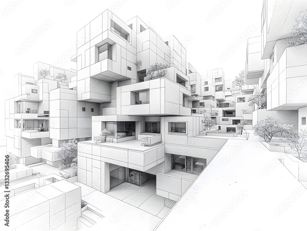 Poster minimalist architectural blueprint of modular apartment complex with clean line drawing and geometri