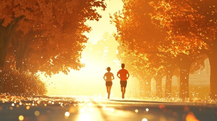 Couple jogs through sun dappled autumn leaves on a path bathed in golden light.
