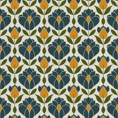 Ornamental Navy and Gold Floral Tile Seamless Pattern