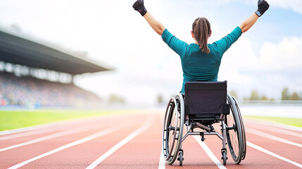 Woman in Wheelchair Celebrates Victory on Racetrack Empowering Image of Determination and Resilience