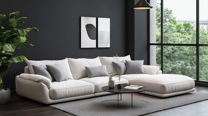 Modern sectional sofa in dark living room, city view