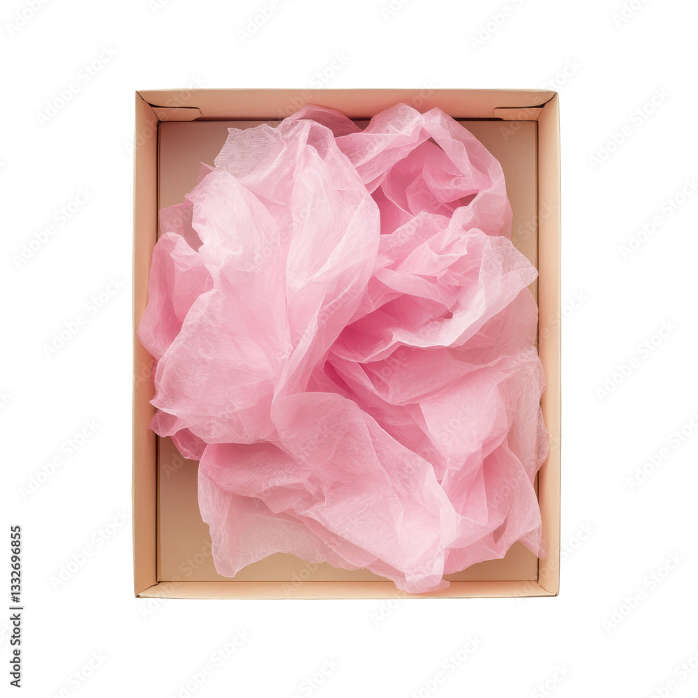 Poster soft pink tissue paper neatly arranged in a simple box on a clean transparent background, tissue pap