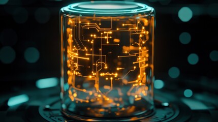 Glowing Circuitry in Glass Cylinder, Dark Background
