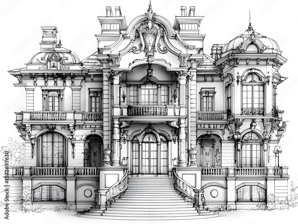 Poster elegant victorian style building with intricate architectural detailing in minimalist line sketch on