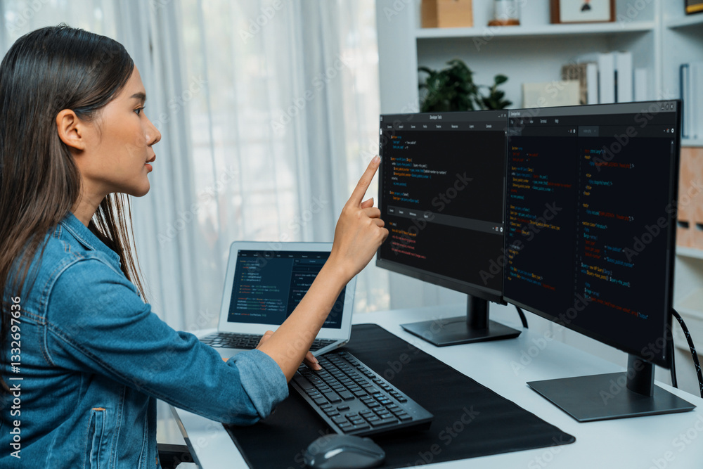 Poster young asian girl of it developer pointing online information on pc with coding program data applicat