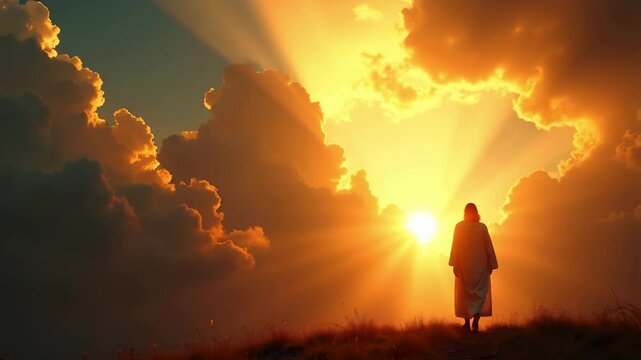 Jesus walks in slow motion toward sunset, silhouetted against rays breaking through clouds. Divine presence, faith, profound reverence amid heaven's glorious light.
