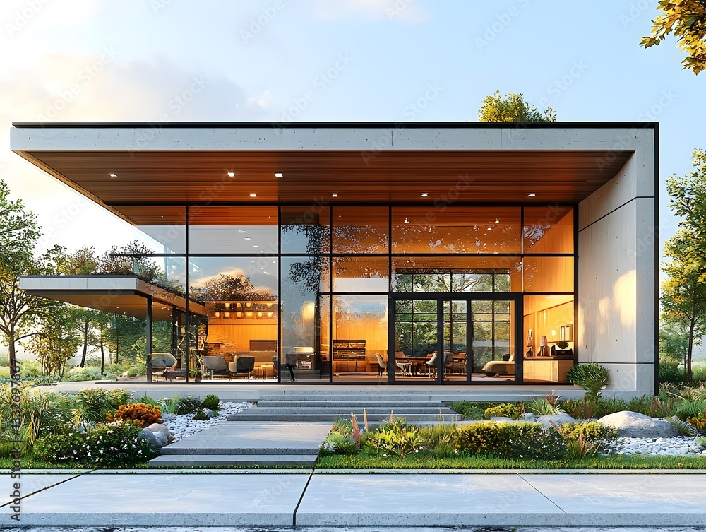Poster sleek and minimalist center with sharp architectural features and landscaping