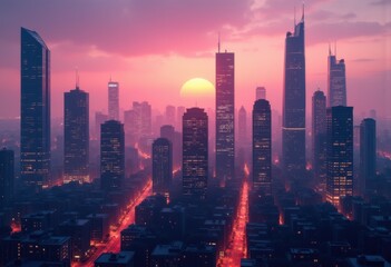 Fototapeta premium vibrant city skyline silhouettes dusky twilight sky highlighting urban architecture natural color gradients, horizon, landscape, buildings, colors, lights