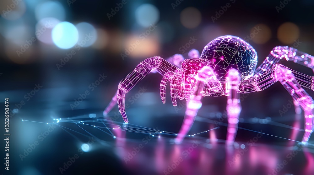 Poster glowing pink digital spider on dark background with bokeh lights and web strands creates futuristic 