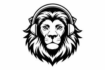 Fototapeta premium lion with headphone logo icon line art silhouette vector illustration