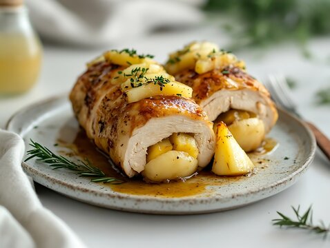 Juicy chicken dish with apples and herbs on plate, selective focus