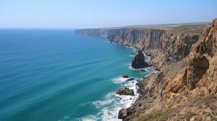 Obraz premium Coastal Cliffs and Turquoise Ocean Under a Clear Sky