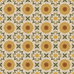 Geometric Sunflower Tile Seamless Pattern in Beige and Yellow