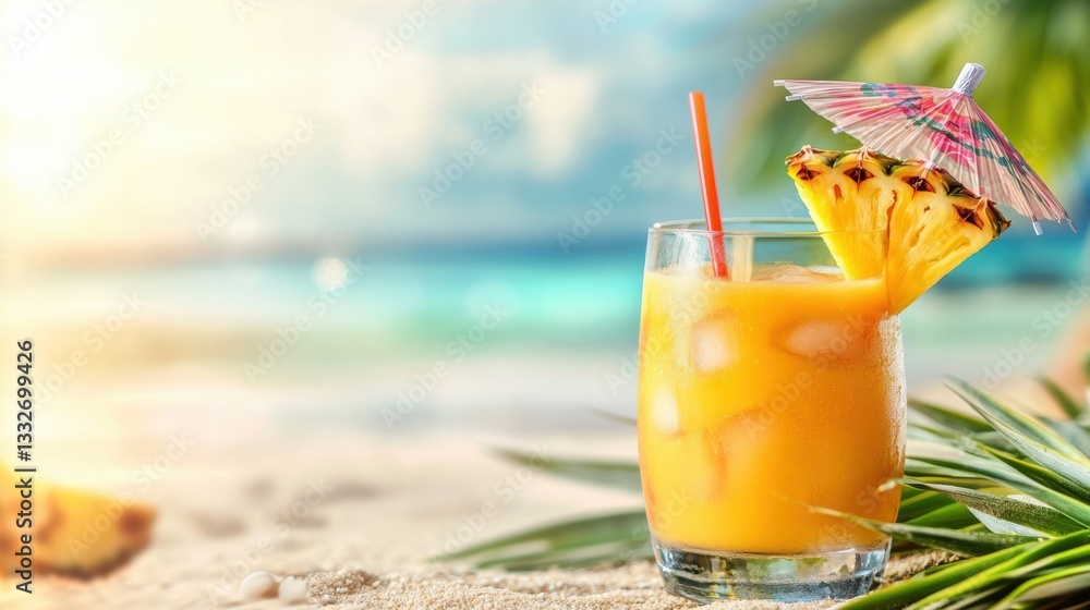Poster exotic cocktail with pineapple slices and a small umbrella on a beach with vibrant colors and sunlig