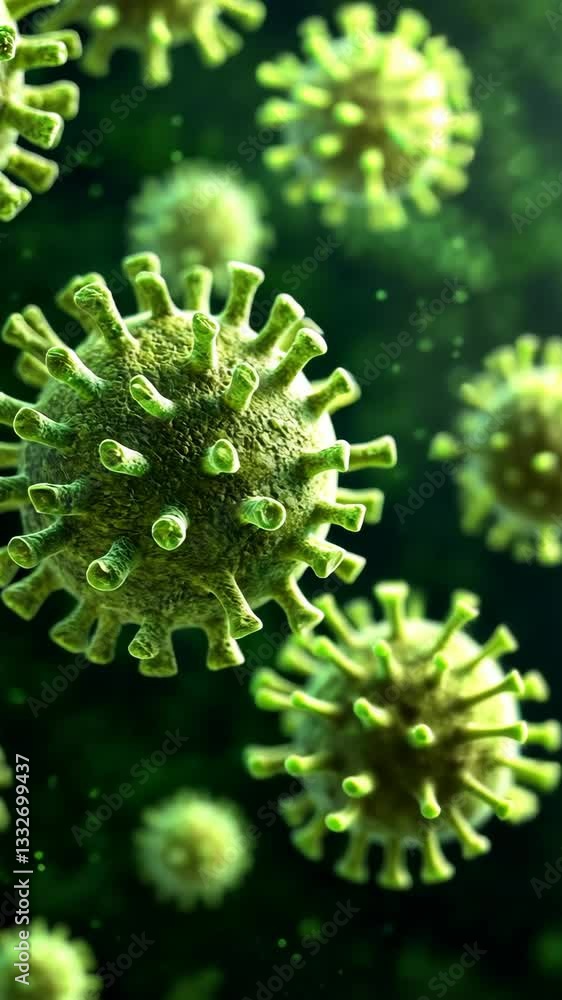Poster microscopic view of green viruses floating in a dark background during a scientific exploration of i