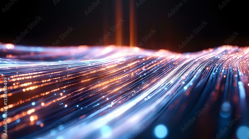 Poster dynamic light trails streak across dark background creating futuristic motion effect with blue and o