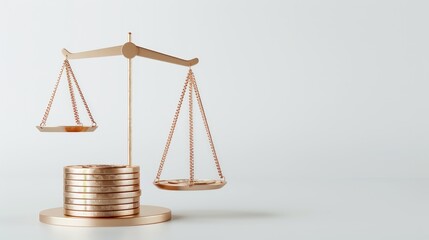 A 3D financial balance scale with coins and assets represents wealth distribution and management. Clear and precise composition with sharp focus.
