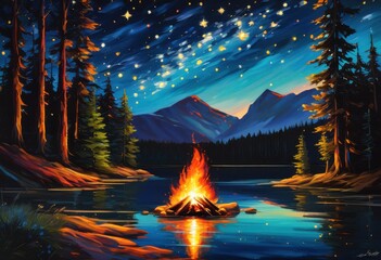 vibrant campfire illuminating starry night sky twinkling stars warm glow surrounding natural scenery, light, flames, wood, logs, nature, ambiance, warmth