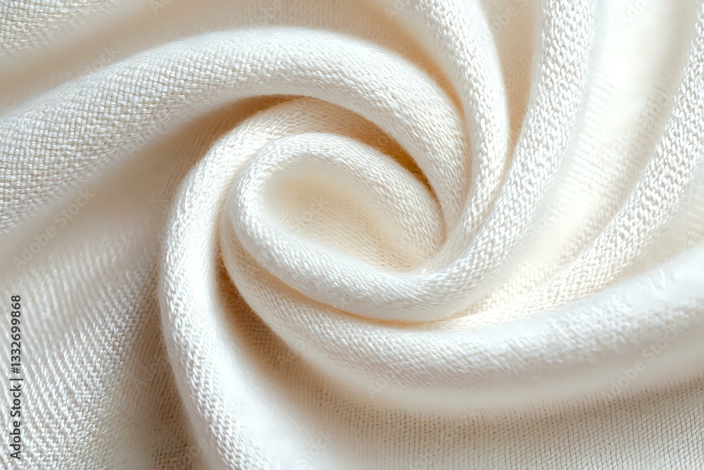 Poster soft white fabric swirled in elegant spiral pattern showing detailed textile texture and weave struc