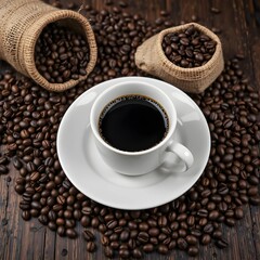 Fototapeta premium Coffee Ritual: A top-down view showcasing a white coffee cup filled with rich, dark coffee, surrounded by scattered coffee beans and burlap sacks, creating an inviting scene. Ai generated image