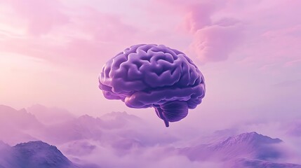 Surreal purple human brain floating over misty mountains with a pastel pink sky, blending realism and fantasy in high-resolution detail.