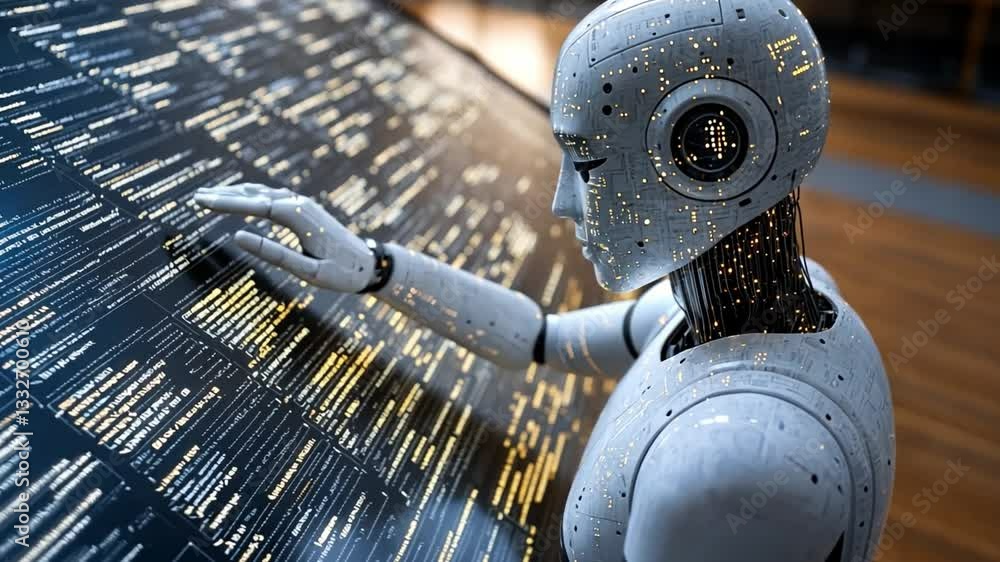 Poster a futuristic humanoid robot interacts with a digital display in a modern tech exhibition environment