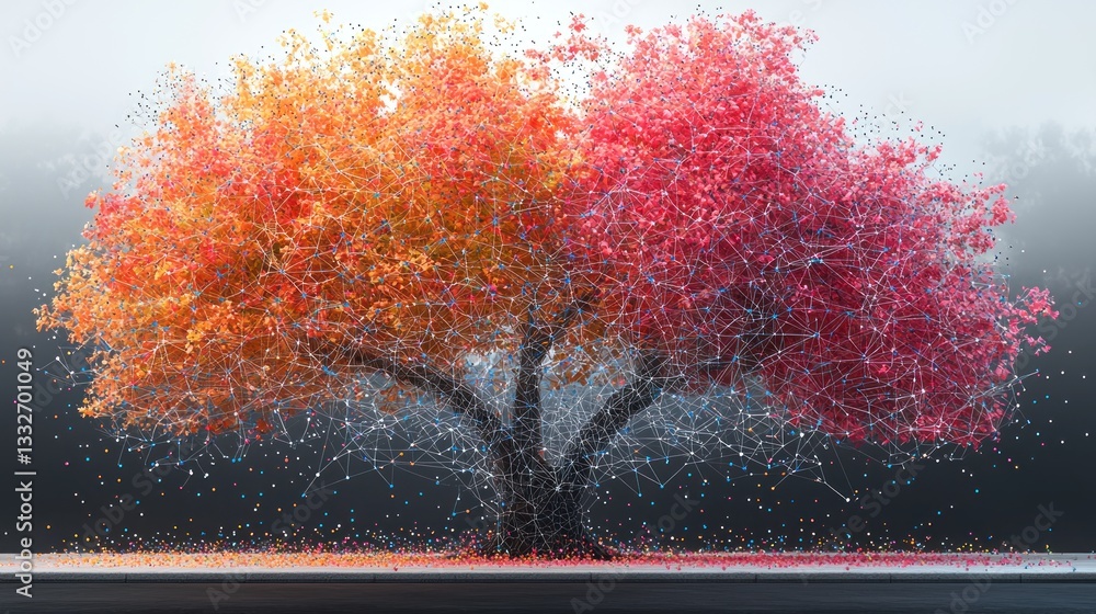 Aufkleber autumnal digital tree: a network of color and connection