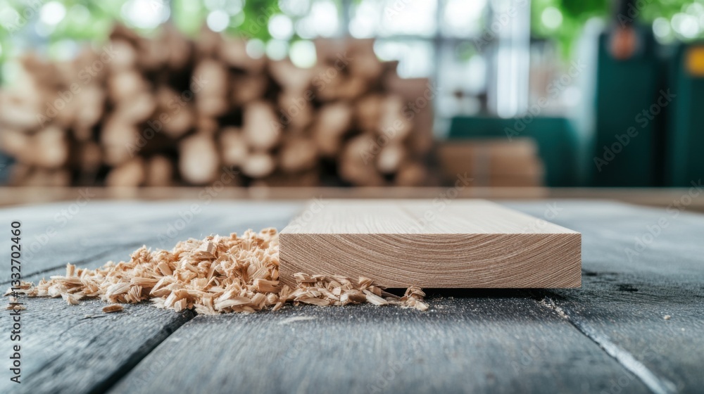 Poster close-up of hardwood plank with wood shavings on rustic table in workshop with blurred background of