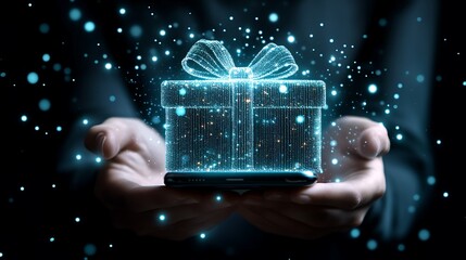 Digital gift box appears in hands,  glowing phone, dark background,  gift giving concept