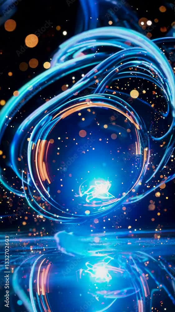 Poster neon energy streams interweave through space. orange and blue light ribbons dance with scattered bok