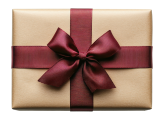 Wrapped gift box. Gold paper and red bow. Present for holiday. Rectangle package isolated. Decorative ribbon. Transparent png.