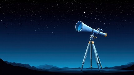 Telescope on Stand Gazing at Starry Sky in Night Setting with Mountains in Background for Astronomy Enthusiasts