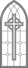 Gothic church window frame with medieval pattern. Stained glass cathedral arch. Vintage catholic architecture shape. Renaissance outline decorations with cross