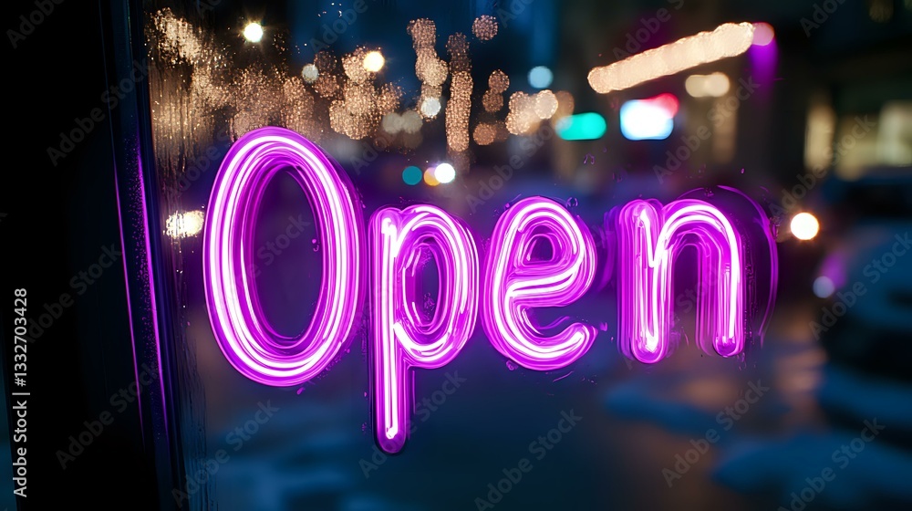 Aufkleber glowing purple neon open sign in window with blurred city lights and bokeh background creates welcom