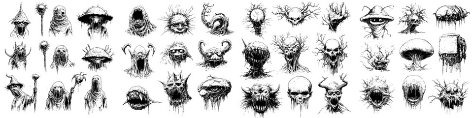 Fototapeta premium Hand draw illustrations of various fantasy surreal creatures. Medieval atmosphere, all in dark ink drawing with a simple fantasy designs