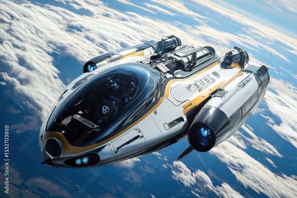 Poster advanced submarine vehicle exploring the clouds above earth in a futuristic setting