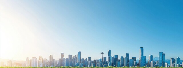 Fototapeta premium Urban skyline with clear blue sky and vibrant green grass foreground