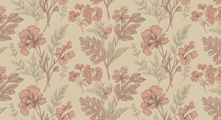 Delicate hand-drawn floral seamless pattern in muted earthy tones. Seamless Patterns
