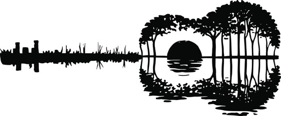 Fototapeta premium Guitar Sunset with Trees Vector Illustration