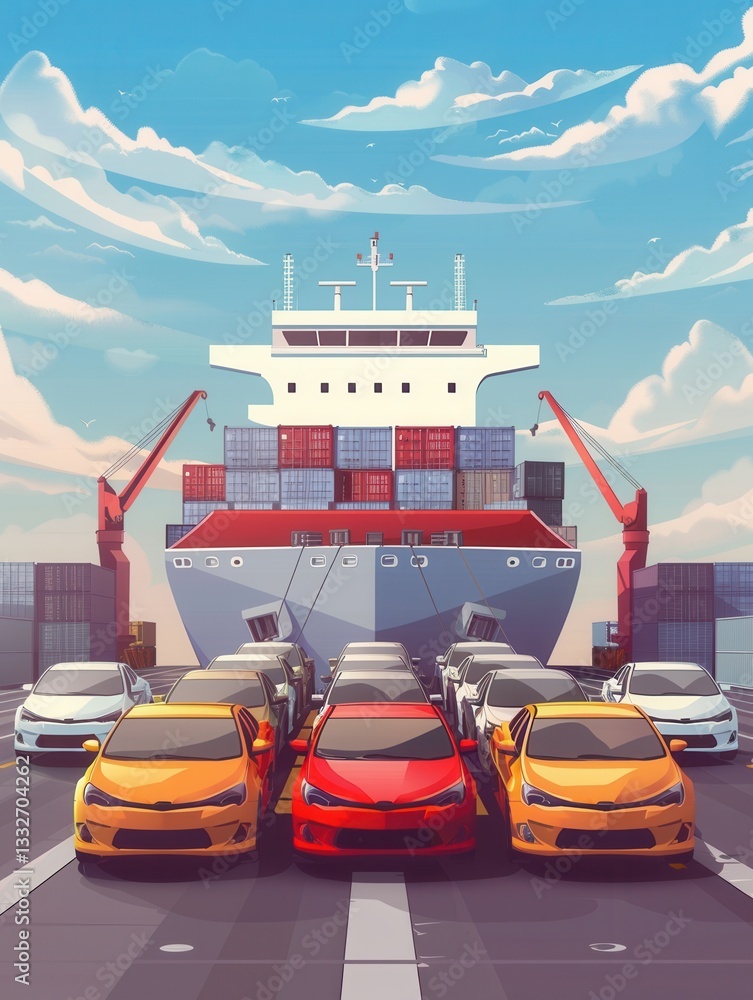 Poster loading finished cars for transport on a large auto carrier ship at a busy logistics port generative