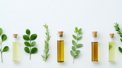 Test tubes with green leaves and essential oil on a white background, depicting a natural spa and beauty treatment concept, perfect for wellness and cosmetic designs.