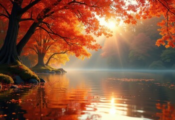 vibrant foliage mirroring calm water surface capturing beauty reflections colorful flora, colors, trees, leaves, nature, landscape, symmetry, greenery, pond