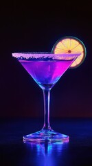 Neon-lit cocktail glowing under blacklight, served in a martini glass