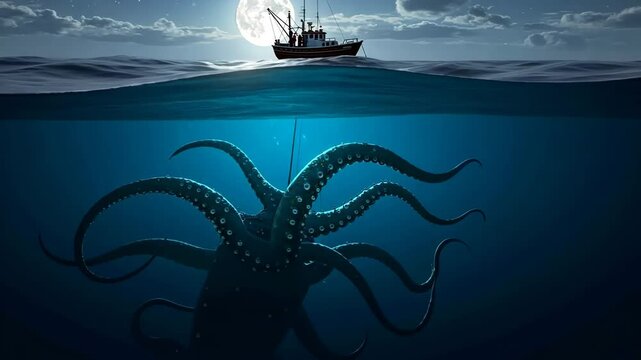 Giant octopus underwater near a fishing boat.
