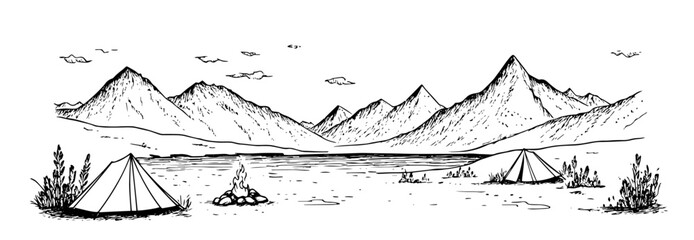 mountain campsite with tents and campfire, doodle vector black sketch