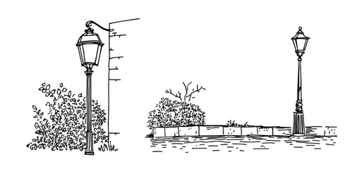 street lamps in urban setting vintage doodle vector black sketch © Kaz