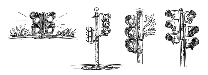 various traffic lights in different angles, doodle vector black sketch © Kaz