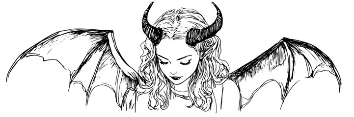 female demon with horns and bat wings, hand drawn vintage engraving
